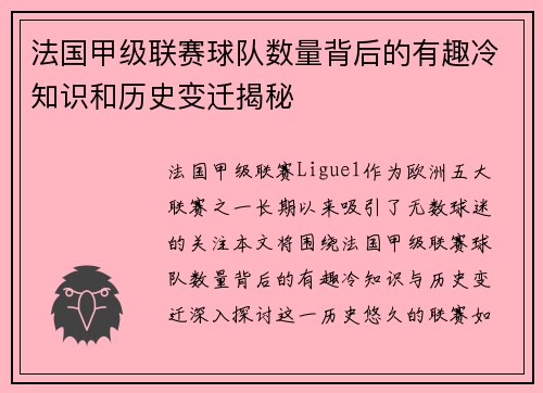 法国甲级联赛球队数量背后的有趣冷知识和历史变迁揭秘