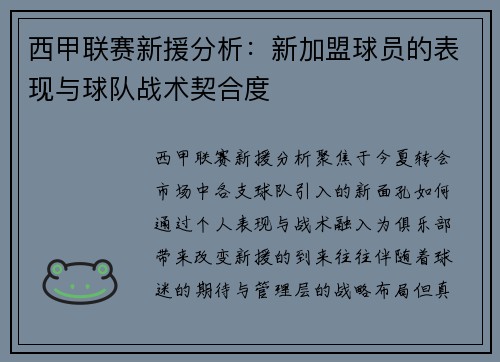 西甲联赛新援分析：新加盟球员的表现与球队战术契合度